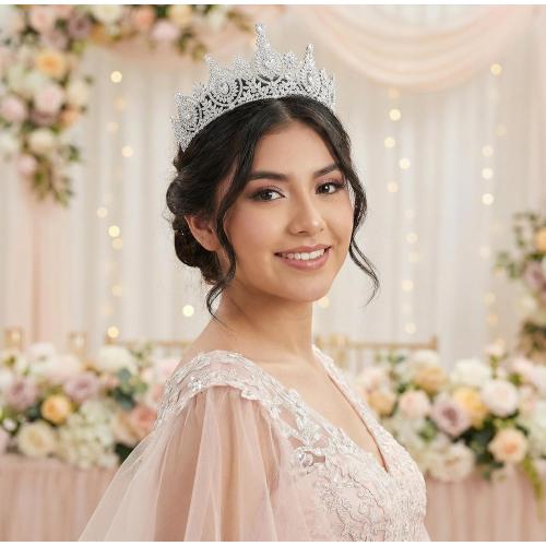 Vintage Cubic Zirconia Wedding Tiara for Bride Quince Prom Homecoming Pageant Costume Princess Queen Crown Large Crystal Birthday Headpieces Silver Bridal Hair Accessories