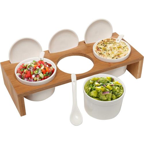 MyGift 10 Pcs Sauce Serving Dish, Hosting Party Essentials Host Gift, 3 Ceramic Ramekin Chip Dip Bowls with Lids & Spoons, Premium Bamboo Server Tray, Condiment Pot Entertaining