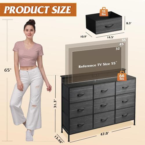 WLIVE Bedroom Dresser TV Stand 9 Drawers, Fabric Chest LED Lights, Charcoal | Black 9-drawer dresser TV stand fits 55in TV with wood top and charging station, fabric dresser for kids bedroom