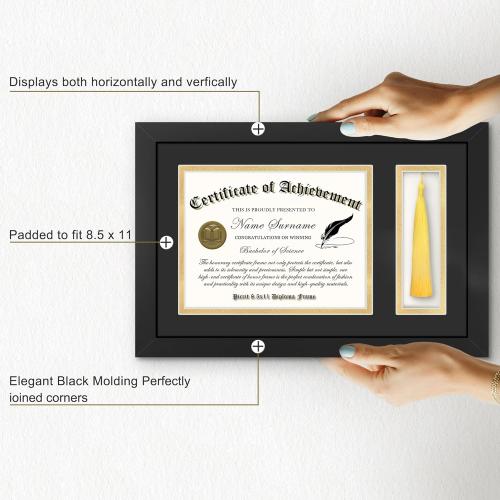 Picrit 11x17 Wood Diploma Frame with Tassel Holder for 8.5x11 Certificate/Degree Document with Tempered Glass, Black over Gold Mat