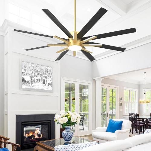 72 inch Large Ceiling Fans with Lights and Remote，Indoor/Outdoor Modern Ceiling Fan for Living Room Patio，6 Speed Reversible，8 Blades and 9 Lights，3 CCT，Black Gold