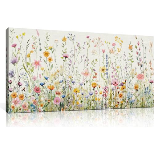 HPINUB Colorful Flower Framed Canvas Wall Art Set, Watercolor Daisy Floral Wall Decor, Wildflower Green Leaf Wall Painting, Multicolour Botanical Art Print for Living Room, Bedroom, Office - 20x40