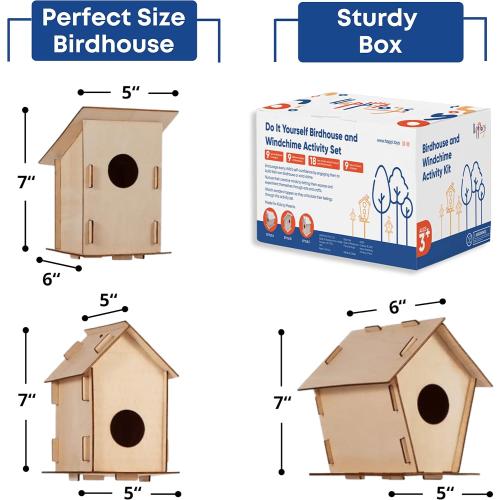 9 Wooden Birdhouses & 9 Wind Chimes -Art & Crafts for Kids Ages 4 5 6 7 8 - Kids Bulk Arts and Crafts Set with Painting Kit -DIY Wood Bird House and Windchimes Kits for Boys Girls to Build & Paint