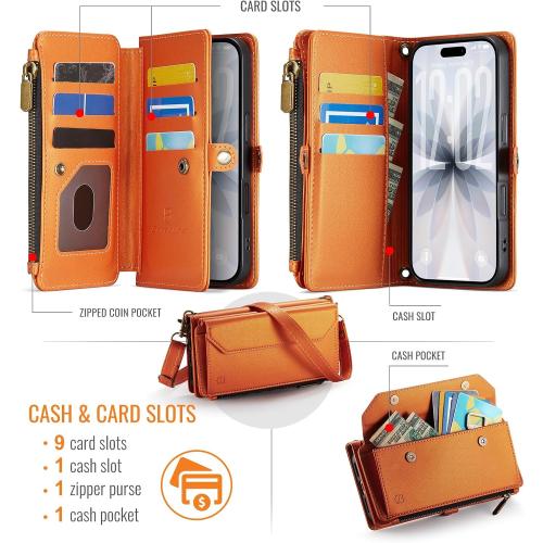 Strapurs for iPhone 17 - Zipper Strap Wallet Case for Women, Orange