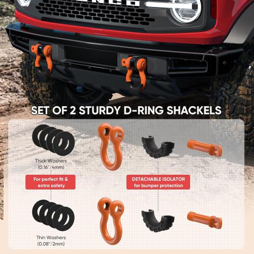 TICONN 2 Pack D Ring Shackle with 7/8 Screw Pin 57,000Ibs Break Strength, 3/4 Heavy Duty Shackles with Isolator & Washers for Tow Strap Winch Off Road Vehicle Recovery (Orange/Black)