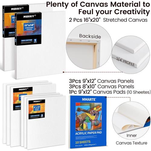 MERRIY 80-Piece Acrylic Paint Set, Artist Painting Supplies Kit with Tabletop Sketch Box Easel, 48 Colors Acrylic Paints,11x 14Stretched Canvas &More, Premium Acrylic Painting Set for Adults