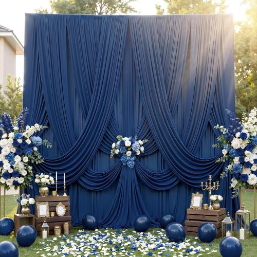 50ft×12ft Wrinkle Free Navy Blue Backdrop Curtain for Wedding Parties, 10 Panels 5×12ft Long Soft Silky Polyester Backdrop Drapes Photo Back Drop Cloth for Graduation Photography Background