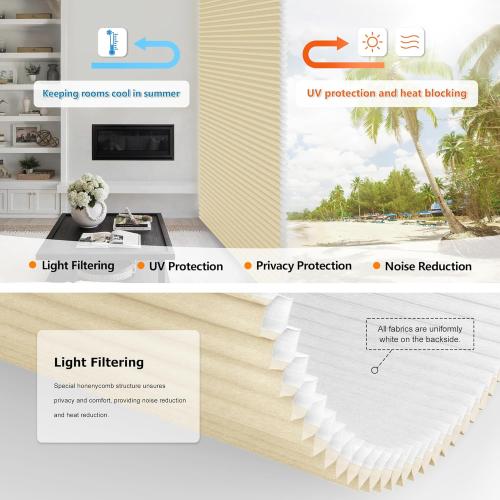 LazBlinds No Tools No Drill Cordless Cellular Shades, Top Down Bottom Up (TDBU) Honeycomb Shades for Home, Light Filtering Thermal Insulation Blinds for Windows, 35 W x 48 H, Beige