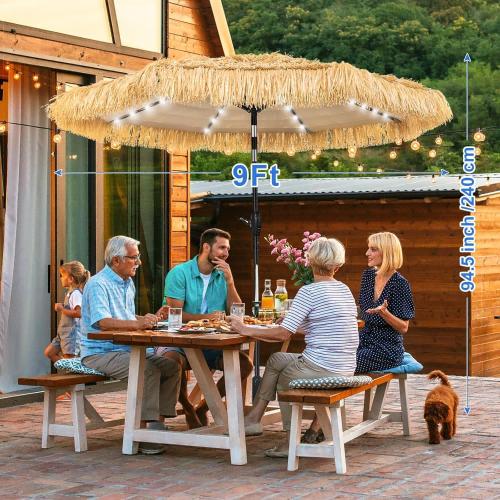 9 FT Solar Thatch Tiki Umbrella, Hawaiian Style Straw Umbrellas with Zinc Alloy Push Button Tilt, UPF 50  Patio Umbrella,Outdoor Umbrella with 32 LED Lights for Beach, Pool,Garden