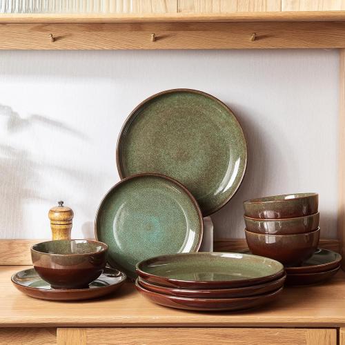 Stoneware Dinnerware Sets for 6, 18 Pieces Ceramic Plates and Bowls Sets, Chip and Scratch Resistant Dish Set, Dishwasher & Microwave Safe Plate Set, Brown Green