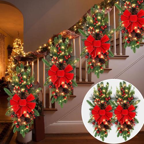 Lyrow 2 Pack Christmas Artificial Swags 24 Xmas The Cordless Prelit Stairway Swag Teardrop Trim Wreath Door Stair Garland Christmas Wreath for Outdoor Home Garden Decor (Red Ribbon)