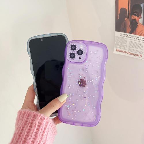 Qokey for iPhone 14 Pro Max Case 6.7, Curly Wave Design Transparent Bling Glitter Shiny Cute Clear Transparent Full Protection Soft TPU Shockproof Phone Cover(Purple)