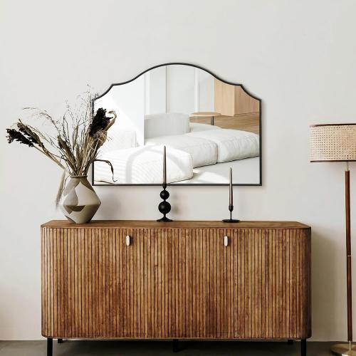 Besdomus Scalloped Arched Mirror for Mantel: 35x26 Black Modern Wooden Wall Mirror - Minimalist Decorative Dresser for Vanity/Bathroom/Bedroom/Fireplace/Living Room/Entryway - Stylish Home Decor