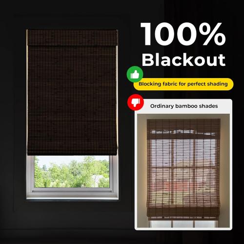 UNISHADES Cordless Bamboo Roman Shades for Windows, 100% Blackout Backing Fabric for Light Blocking, 36 W × 64 H - Penang Teak