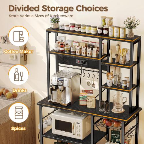 SUPERJARE Large Bakers Rack with Power Outlets, 6-Tier Microwave Stand, Coffee Bar with 12 S-Shaped Hooks, Kitchen Shelf with Wire Basket, 39.4 x 14.6 x 66.9 Inches, Black