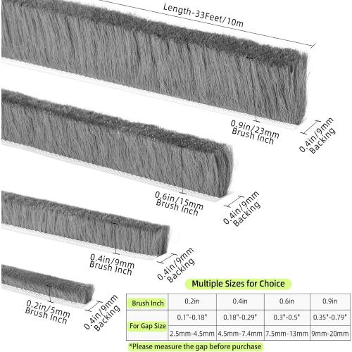 Door Brush Seal, 33Feet, Felt Pile Weather Stripping for Doors, Weather Strip for Windows Cabinet, Self Adhesive Draft Blocker, Dust Stopper Sliding Door Seal Winter, Grey 10m