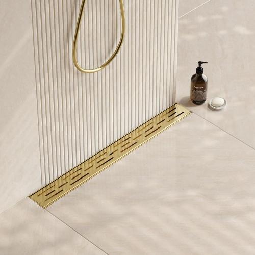 Neodrain 24-in Brushed Brass Rectangular Linear Shower Drain with Brick Pattern Grate, 304 Stainless Steel Bathroom Floor Drain, Gold Linear Drain with Hair Strainer,CUPC Certified