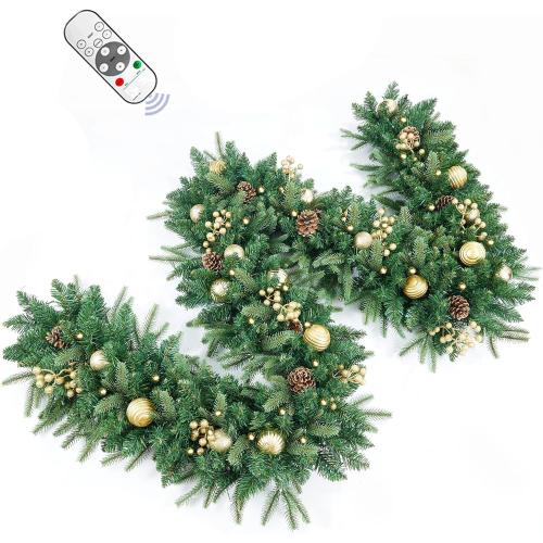 9FT Pre-Lit Artificial Christmas Garland with Dual Color LED Lights and Timer by Remote Control and Batteries Operated, Holiday Decorations, for Indoor Door Home Stairs Fireplaces Wall