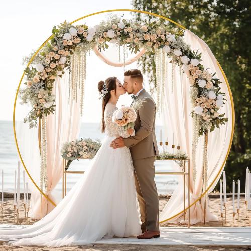 Minetom 6.6FT Round Metal Backdrop Stand with White Wedding Arch Cover Spandex, Gold Wedding Balloon Arch Backdrop Stand Round Arch Frame for Birthday Party Baby Shower Graduation Ceremony Decoration