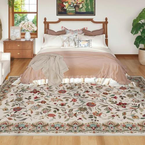 Rugcomf Vintage Paisley Rugs for Living Room 8'x10' - Machine Washable Area Rug, Non-Slip Low Pile Large Floral Carpet for Bedroom, Dining Room, Farmhouse, Office, Kids Playroom - Beige