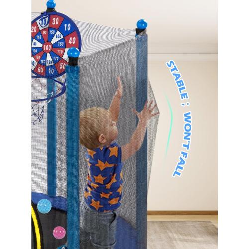Size 55IN 6FT  Trampoline 55IN 6FT Toddler Trampoline for Kids Indoor Outdoor Play for Kids Trampoline Basketball Hoop Attachment with Enclosure Net Easy to Assemble Outdoor Indoor Trampoline