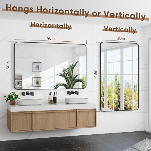 Bathroom Mirror 48 x 30, Large Rectangle Wall Mirror, Black Metal Frame Wall Mounted Mirrors for Bathroom, Vanity, Bedroom, Entryway Decor(Horizontal/Vertical)