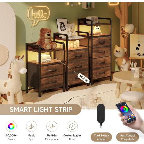 Night Stand Bedside Table Bedroom - Nightstand with Charging Station, Night Stand with LED Light Strip, End Table with U-S-B Ports & AC Outlets, Storage Shelf & 2 Fabric Drawers, Rustic Brown