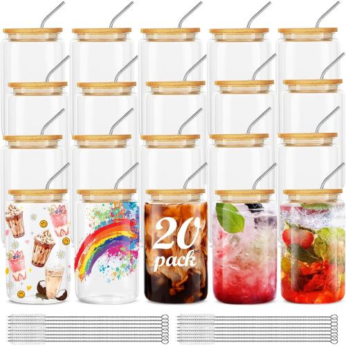 20Pcs 16oz Glass Cups With Bamboo Lids and Straws,16Oz Ice Coffee Cup,Drinking Glasses Cups Set,Water Bottles Glasses for Juicing,Beer,Coffee,Soda,Tea-Glass Tumbler Reusable for Gifts