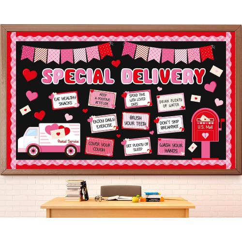 party greeting Valentine's Day Bulletin Board Set Valentines Special Delivery Classroom Decorations Heart Mailbox Paper Cutouts Bulletin Board for School Home Nursery Chalkboard Wall Door Supplies