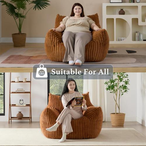 Size Giant Color Brown Plush Bean Bag Chair for Adults with Armrests - Oversized Comfy Orange Beanbag Lounge Lazy Floor Sofa Accent Chair for Living Room, Bedroom & Dorm, Cozy Fluffy Single Cloud Mini Couch
