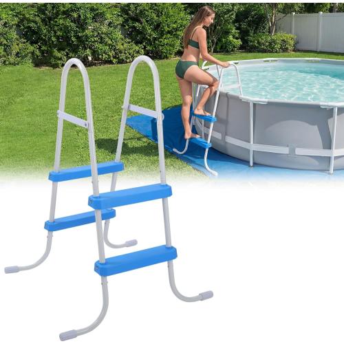 Threlaco 33 Inch Above Ground Pool Ladder 2 Step Steel Frame Swimming Pool Entry Exit Ladder Non Slip Metal Frame Steps, Weight Capacity 300lbs(White and Blue)