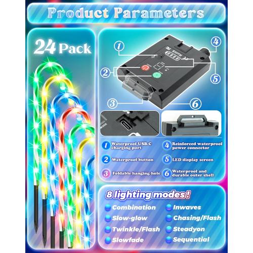 Anordsem Solar Christmas Decorations Outdoor: 21 Candy Cane Stake Lights 24 Pack - Waterproof LED 8 Colorful Lighting Models for Yard Pathway Xmas Tree Decor - 2026 New Year Gifts for Homeowners