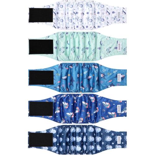 5 Pack Dog Diapers Male, High Absorbing Dog Wraps, Belly Bands for Male Dogs with Incontinence or Frequent Urination, Washable Doggie Diapers Fish L