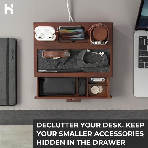 Holme & Hadfield Premium Wooden Phone Docking Station with Drawer – Nightstand Organizer for Charging Phone & Earbuds – Declutter Your Space with Felt-Lined Protection & Watch Pillar - Gift For Men