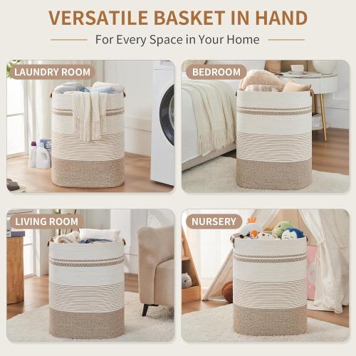 AINUOQI Laundry Basket with Handles - Blanket Basket & Hampers for Bedroom Aesthetic, Laundry Hamper & Blanket Storage for Living Room, Clothes Hamper, Tall, Large 17 x 14 x 22”, Light Brown & White