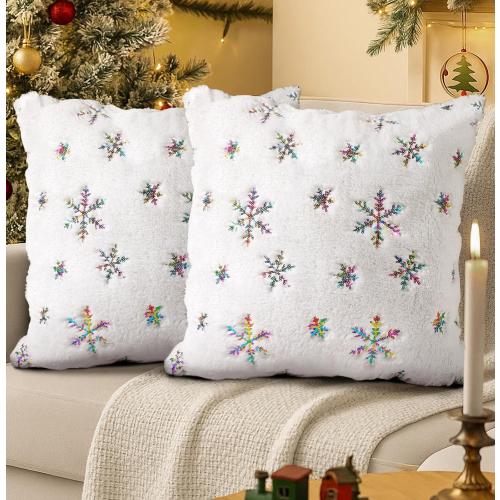 Christmas Pillow Covers 18x18 Inch - Set of 2 Embroidered White Christmas Throw Pillow Cases Soft Plush Faux Fur Snowflake Xmas Decorations Winter Holiday Decor for Home Bedroom Sofa