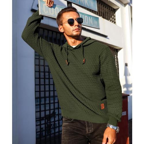Size L...Men's Hooded Sweatshirt Hoodie Solid Knitted Pullover Long Sleeve Casual Sweater