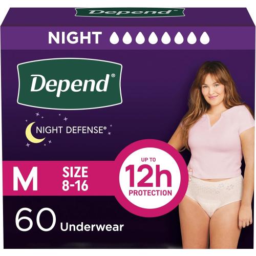 Depend Night Defense Adult Diapers, Incontinence & Postpartum Bladder Leak Underwear for Women, Disposable, Overnight, Medium, Blush, 60 Count (4 Packs of 15), Packaging May Vary