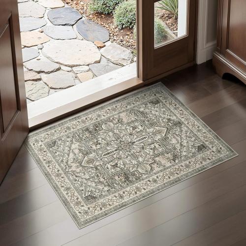 WITSHOCK Indoor Door Mat, Entrance Mat 2x3 Machine Washable Non Slip Backing Mat Soft Foldable,Vintage Rugs Mats, Inside Floor Mat Doormat, Brown Lvory