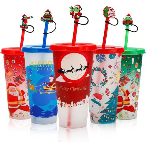 Christmas Color-Changing Cups 5-Pack – 24oz Reusable Plastic Tumblers with Lids, Straws & 5 Straw Covers for Merry Xmas, Holiday Parties & Secret Santa Gifts