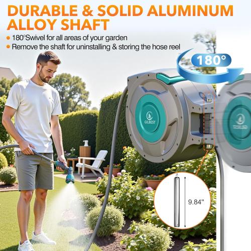 5/8 x 100 ft Retractable Garden Hose Reel, Heavy Duty Water Hose Reel | Any Length Lock, 180°Swivel, Wall Mounted Water Hose with 10-Function Nozzle for Cleaning, Watering (Green)
