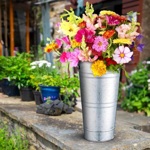 ZOOFOX 3 Pack Large Galvanized Metal Vases, 11 Inch Farmhouse French Flower Bucket Vase with Handles, Metal Floral Container for Cut Flowers, Flowers Arrangements, Table Centerpiece Wedding Decor