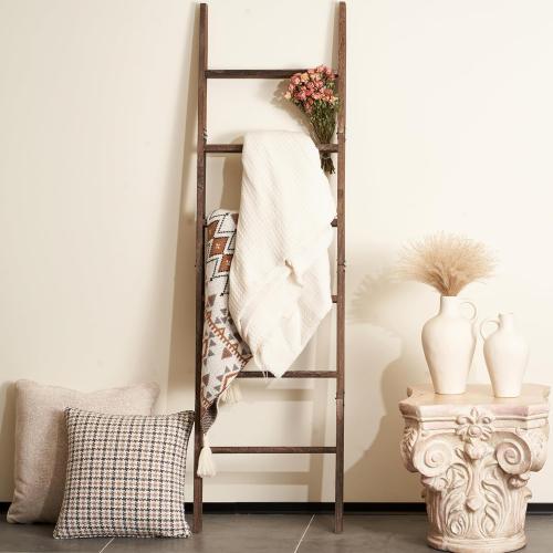 Blanket Ladder for The Living Room 6-Tier, Wooden Decorative Quilt Holder for Bed Room, Wall-Leaning Wood Towel Rack for Bathroom，Rustic Farmhouse Ladders for Display. (Washed Brown)