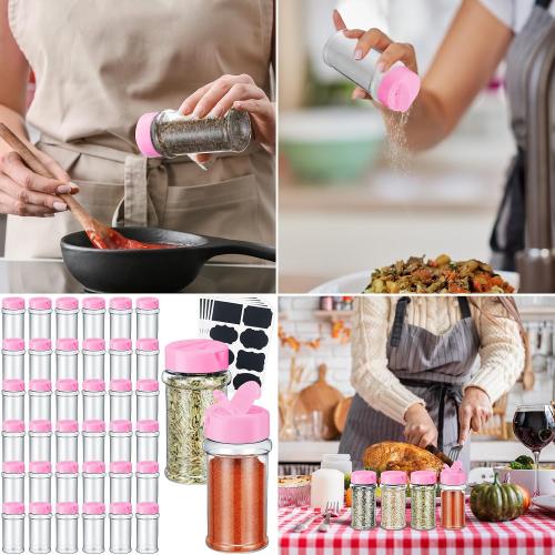 Eccliy 36 Pack 3 oz Clear Plastic Spice Jars with Shaker Lids,Pink | Empty Seasoning Containers and Labels, Dual Shaker Pour Lids, Ideal for Storing Herbs Pepper Powder Spices Condiment