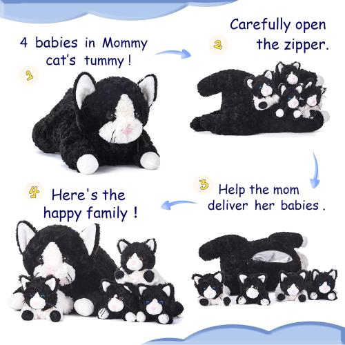 IKASA Mommy Cat Stuffed Animal Mom and Baby Plush Toy,Cute 16 Soft Cuddly Huggable Toys with Little Mini Babies Kitten,Gifts for Kids Girls Boys