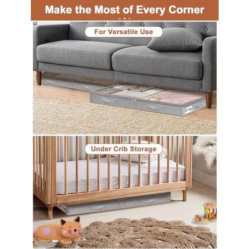 3 Inch Low Profile Under Bed Storage Bins with NO STURCTURE Design, Shallow Clothes Storage Bags with Clear Lids & Waterproof Fabric - Fits Under Sofa, Couch, Dorm, or College Beds，40x20x3inch，Grey