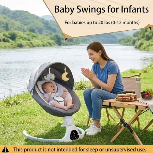 Electric Baby Swing for Infants, 5-Speed Adjustable Swing with Bluetooth Music, Timer, 5-Point Harness and Stable Base for Supervised Daytime Use (Grey)