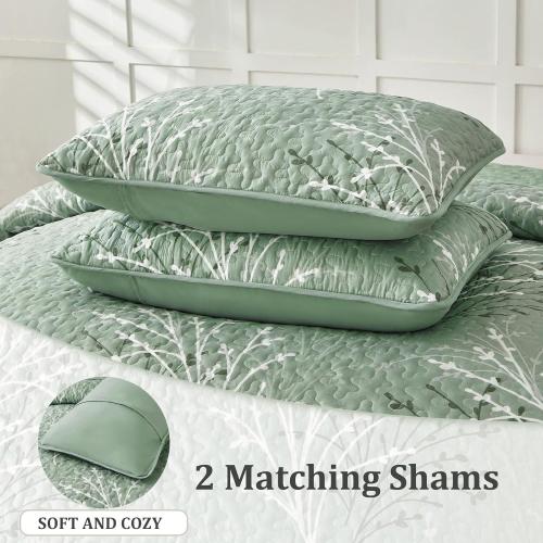 3 Pc Sage Green Quilt Set - Branch Botanical Pattern Bedspread Coverlet Set, 3 Piece Green Floral Quilt Bedding Set Soft Microfiber Daybed Cover for All Season