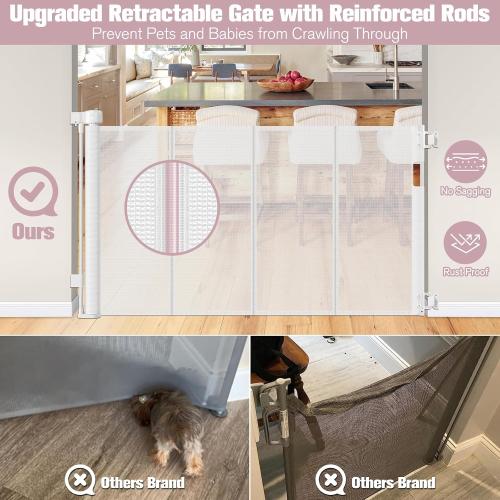 56 Inch Wide Retractable Dog Gate with Reinforced Strip, Retractable Baby Gate for Stairs to Prevent Crawling Under, Retractable Pet Gate for Stairs, Dog Gates for Doorways Mesh Gate for Pets, White