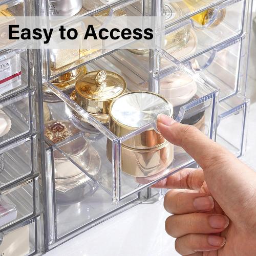 Prsildan Acrylic Drawer Makeup Organizer with 6 Drawers, Set of 2 Office Desk Organizers Accessories, Clear Stackable Storage Drawers for Vanity, Craft, Not for Baby Bottle (Largest Drawer 4 Tall)